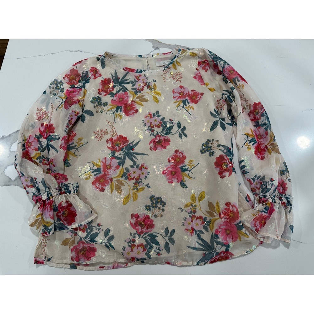 LOFT Floral Sheer Blouse Women's Size Small Pink Flowers Metallic Gold Accent‎